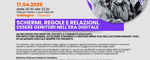 Incontro informativo “Schermi, regole e relazioni. Essere genitori nell’era digitale” Incontro informativo “Schermi, regole e relazioni. Essere genitori nell’era digitale”